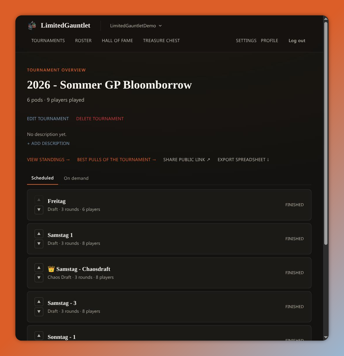 Tournament overview listing pods