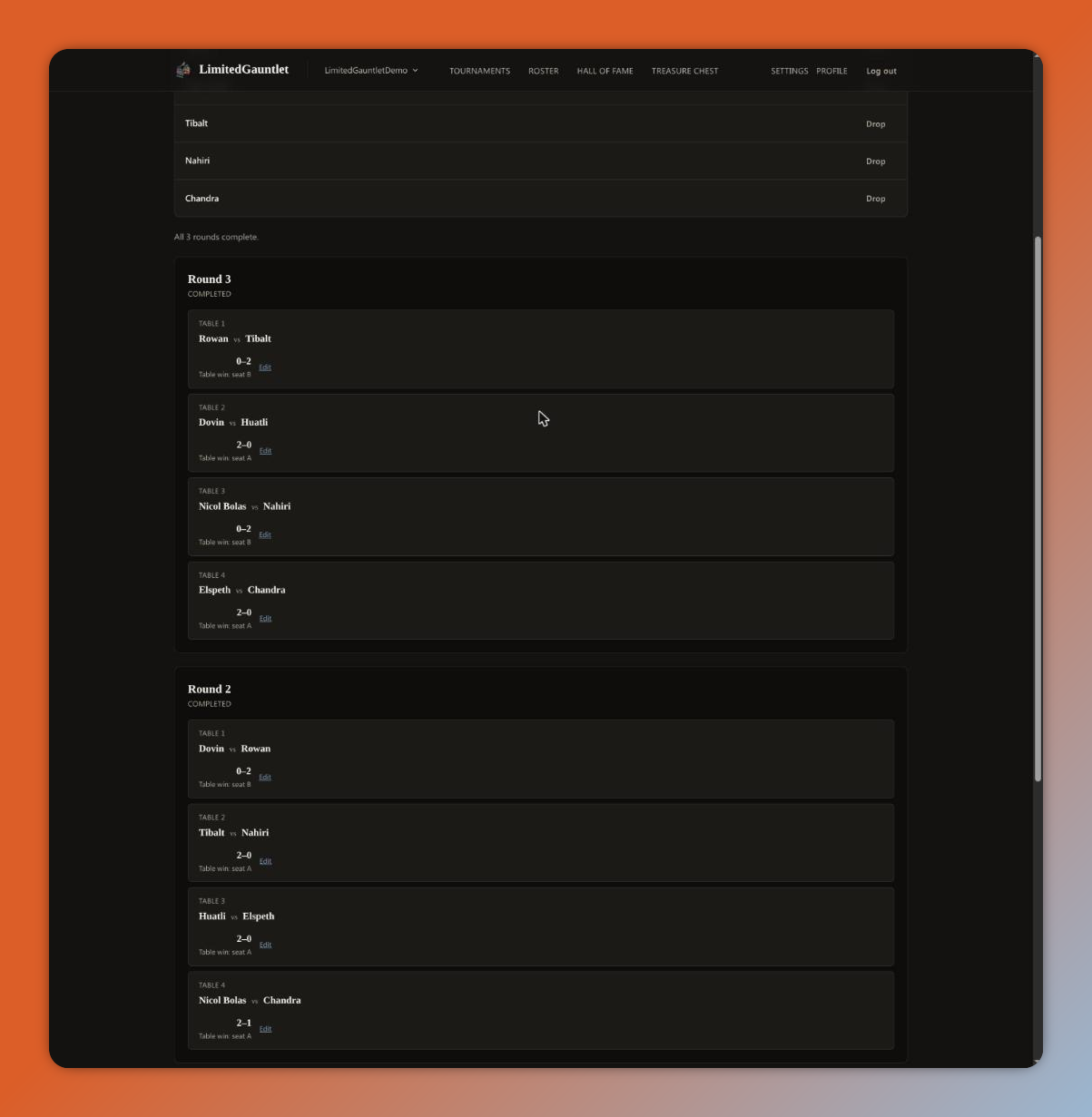 Pod pairings page with table assignments
